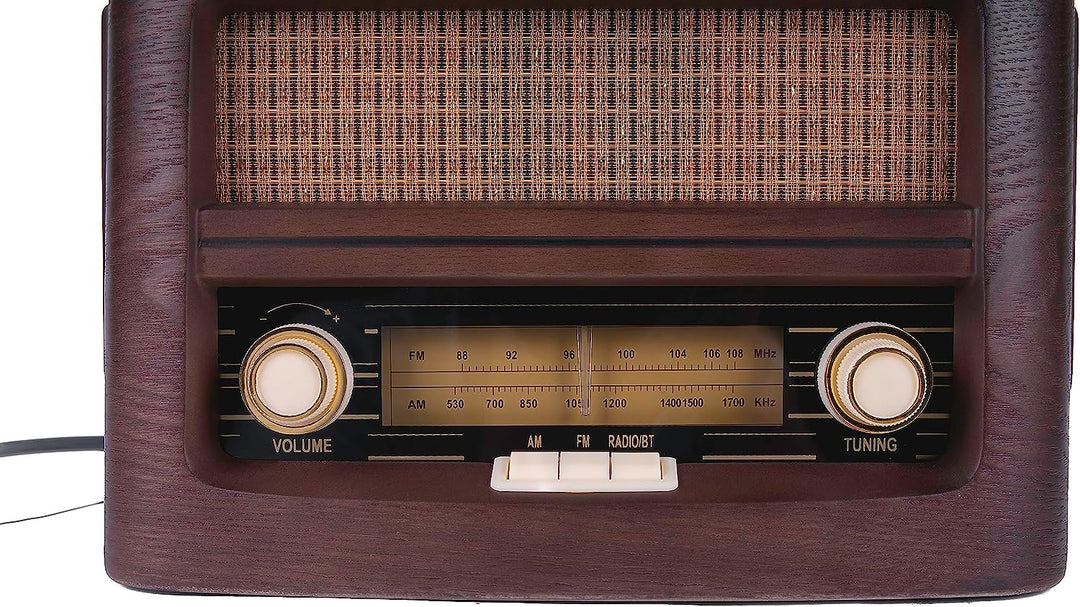 Vintage-style radio with wooden casing on a white background