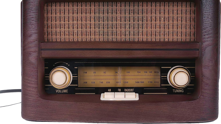 Vintage-style radio with wooden casing on a white background