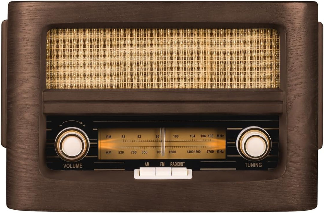 Vintage-style radio with wooden casing and metallic components on a white background