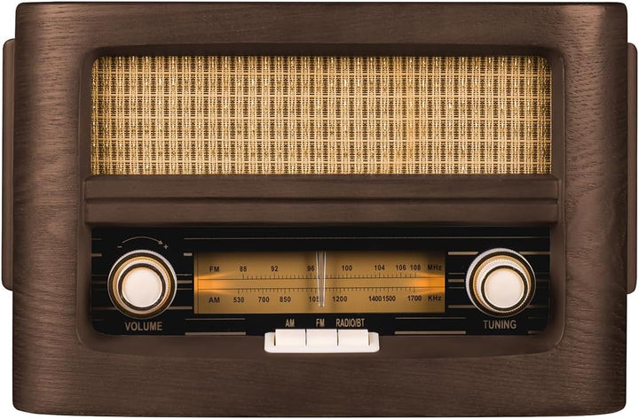 Vintage-style radio with wooden casing and metallic components on a white background