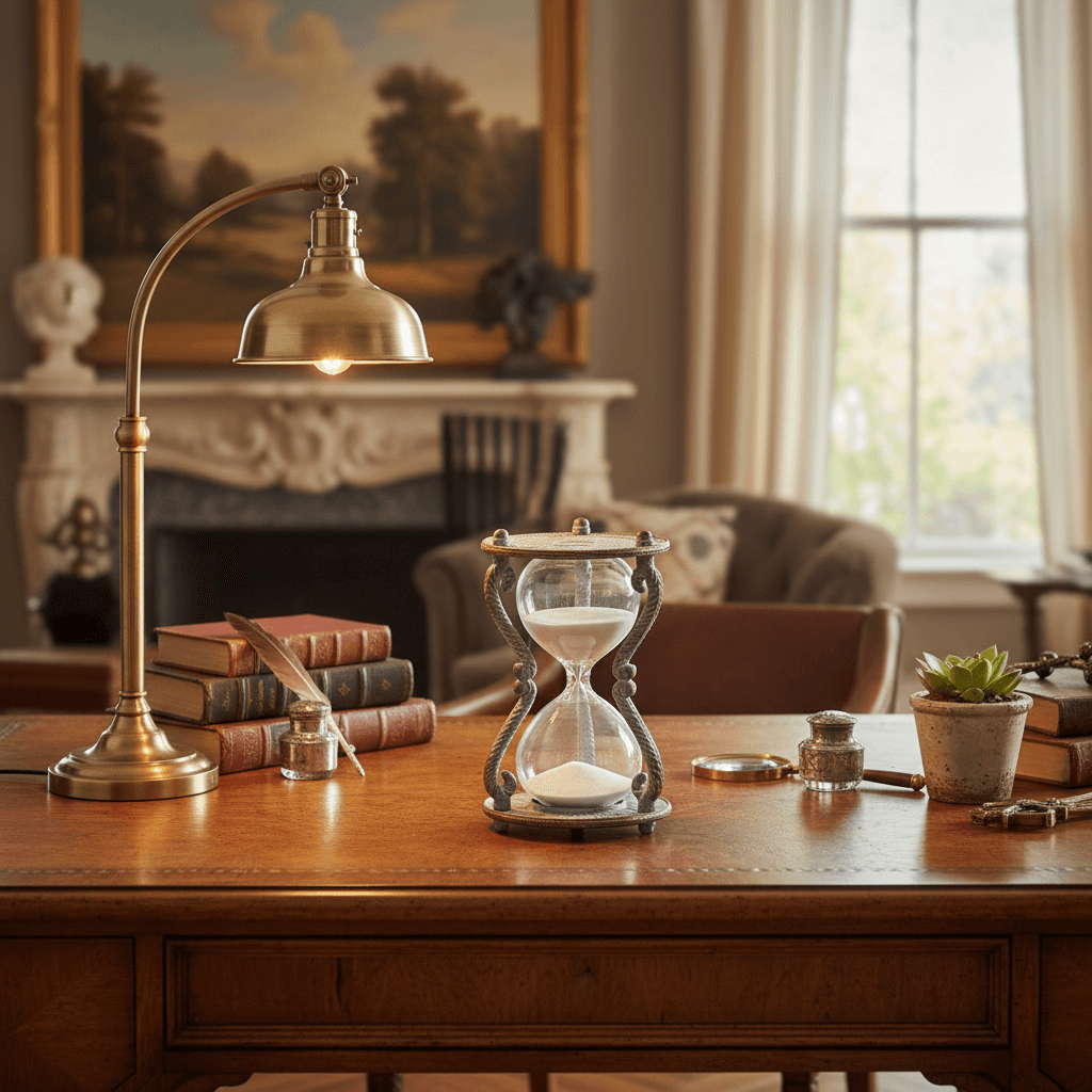 Vintage Metal and Glass Hourglass Timer Clock on antique desk in an old world study