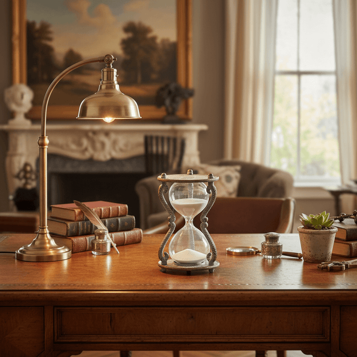 Vintage Metal and Glass Hourglass Timer Clock on antique desk in an old world study