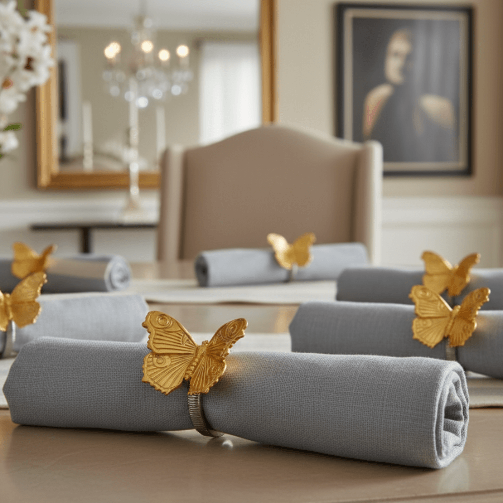 Gray napkins with gold butterfly napkin rings on a table in a dining room setting.