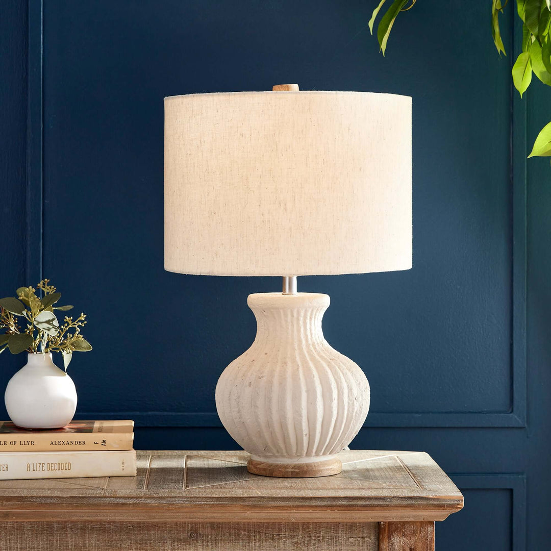 Vintage-Style Cream Ribbed Table Lamp with Linen Shade on table