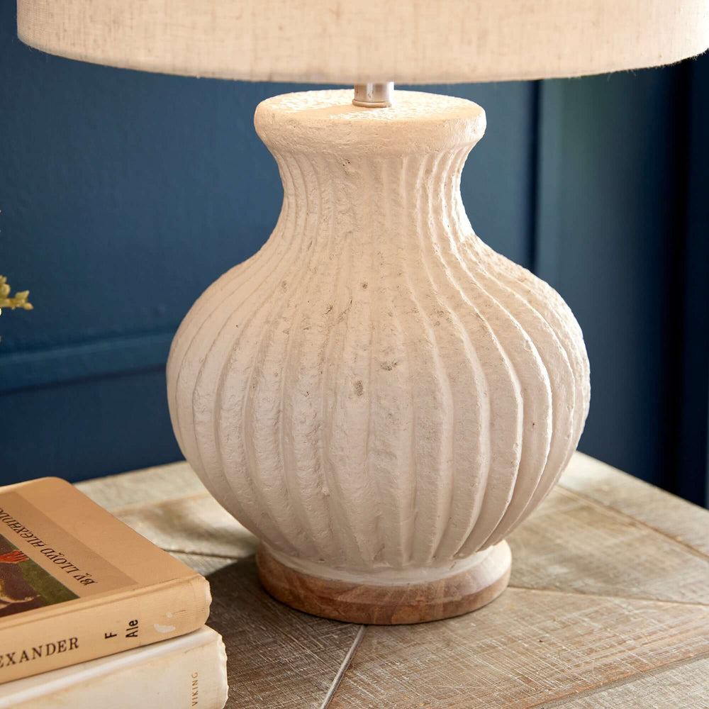 Vintage-Style Cream Ribbed Table Lamp with Linen Shade close up of base