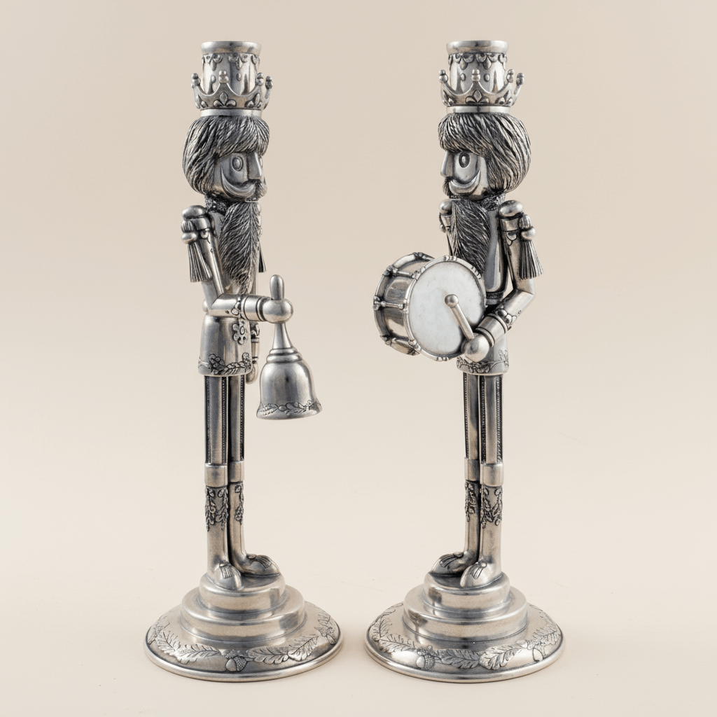 Two decorative candle holders shaped like holiday nutcrackers on a beige background