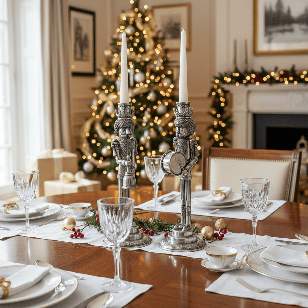 Dining room with a Christmas tree, nutcracker candle holders, and festive table setting.