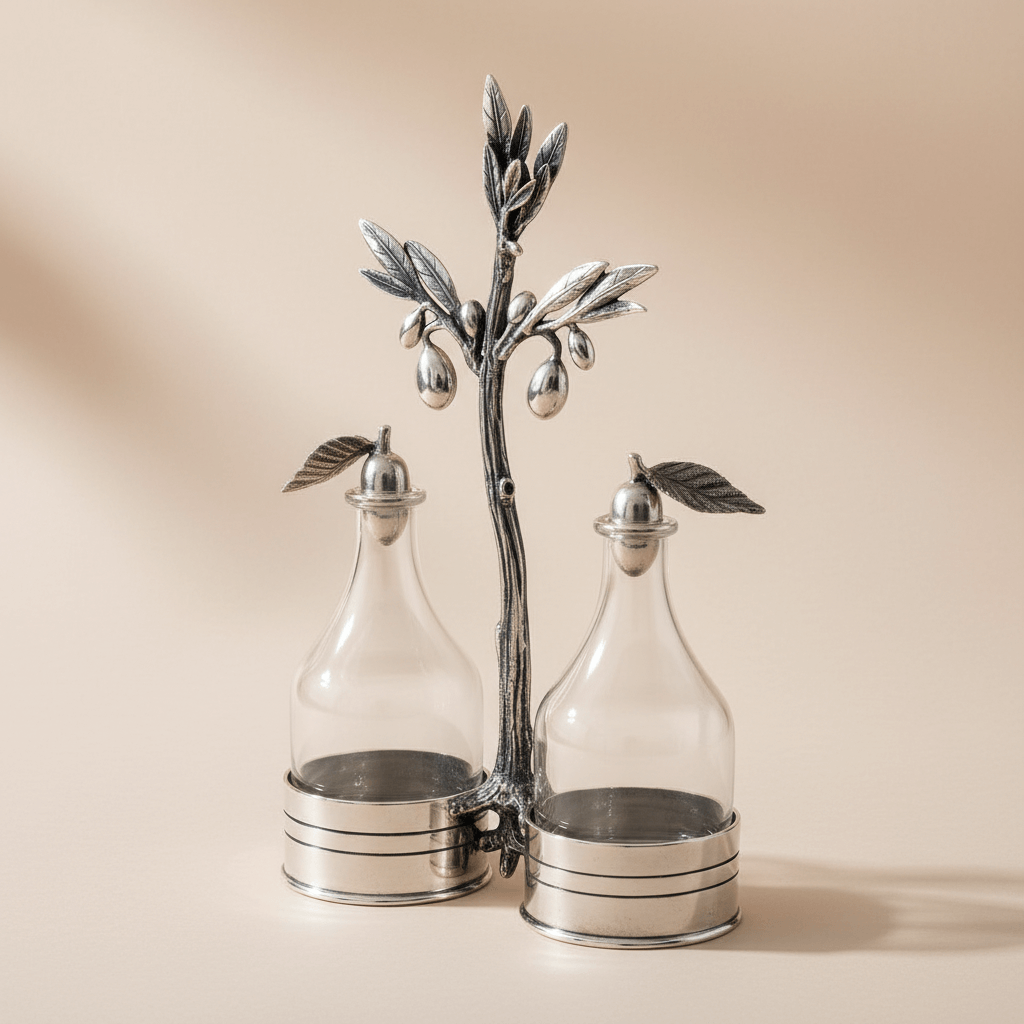 Vintage-Style Pewter Olive Oil & Vinegar Set on beige background