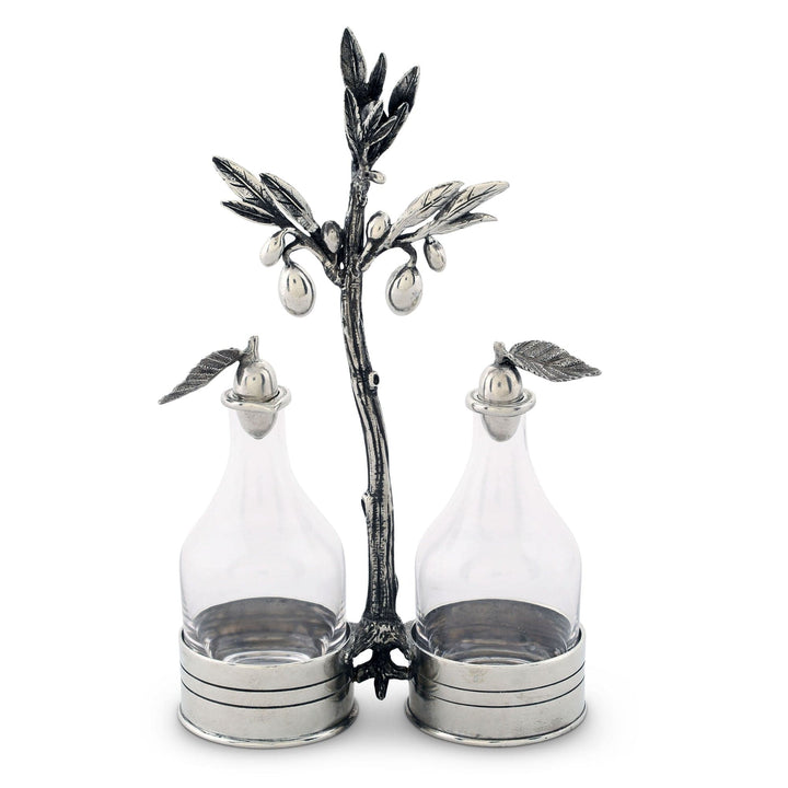 Decorative metal oil and vinegar set with olive tree design on a white background