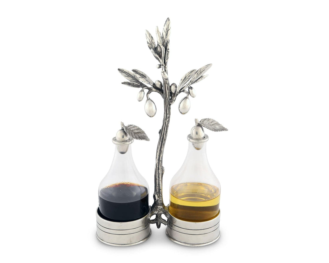 Silver olive branch design with two glass bottles containing oil and vinegar on a white background