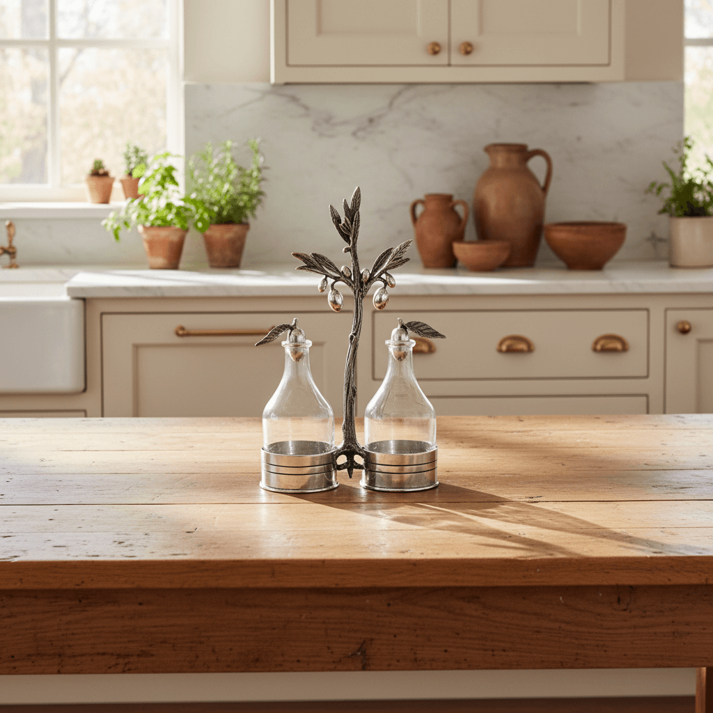 Vintage-Style Pewter Olive Oil & Vinegar Set on kitchen counter