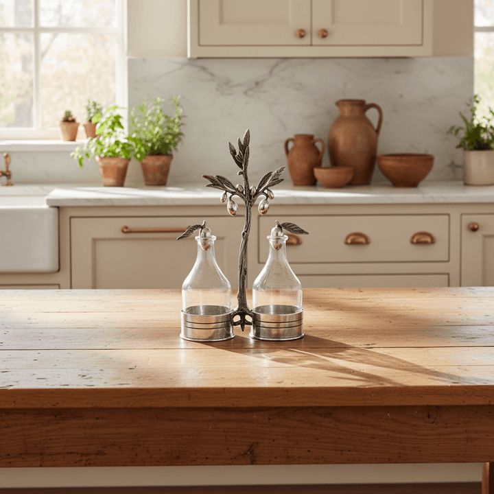 Vintage-Style Pewter Olive Oil & Vinegar Set on kitchen counter