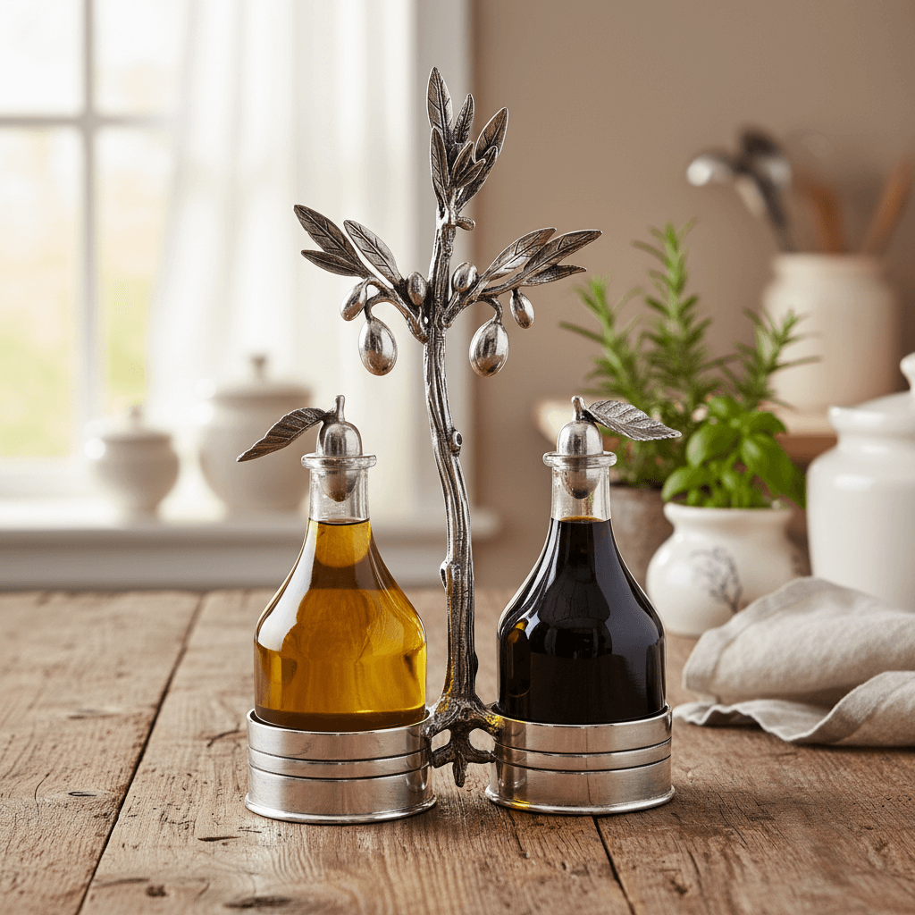 Vintage-Style Pewter Olive Oil & Vinegar Set filled with oil and vinegar on kitchen table