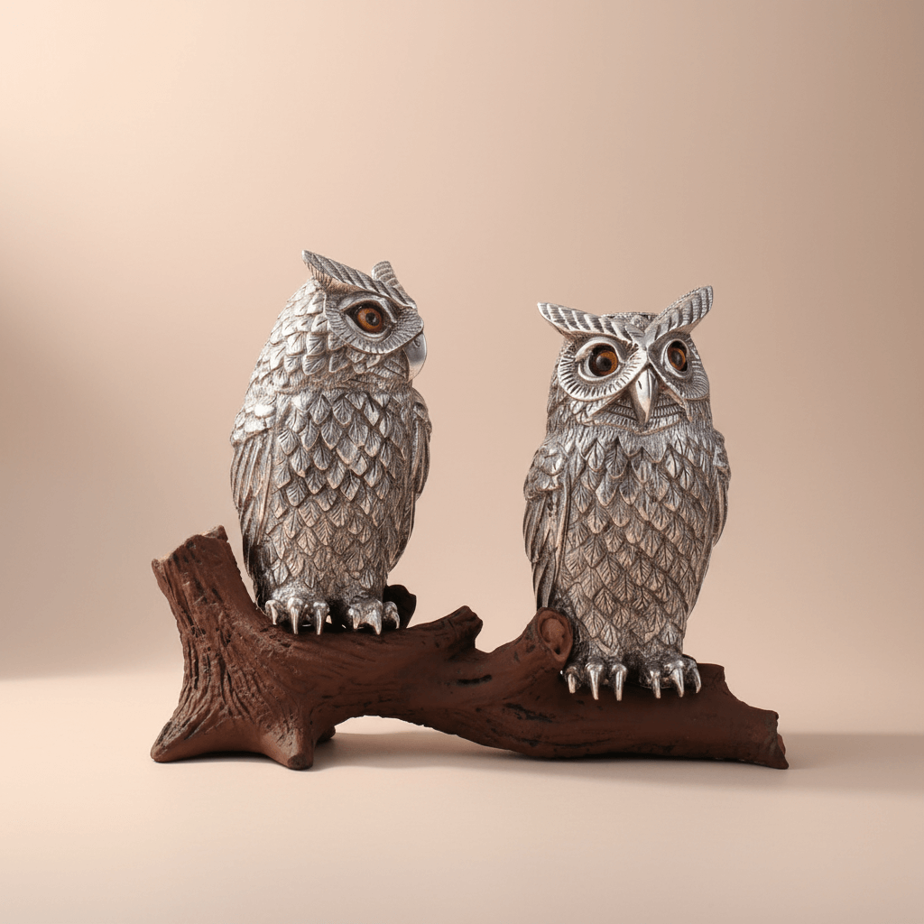 Vintage-Style Pewter Owl Salt and Pepper Shakers sitting on a log