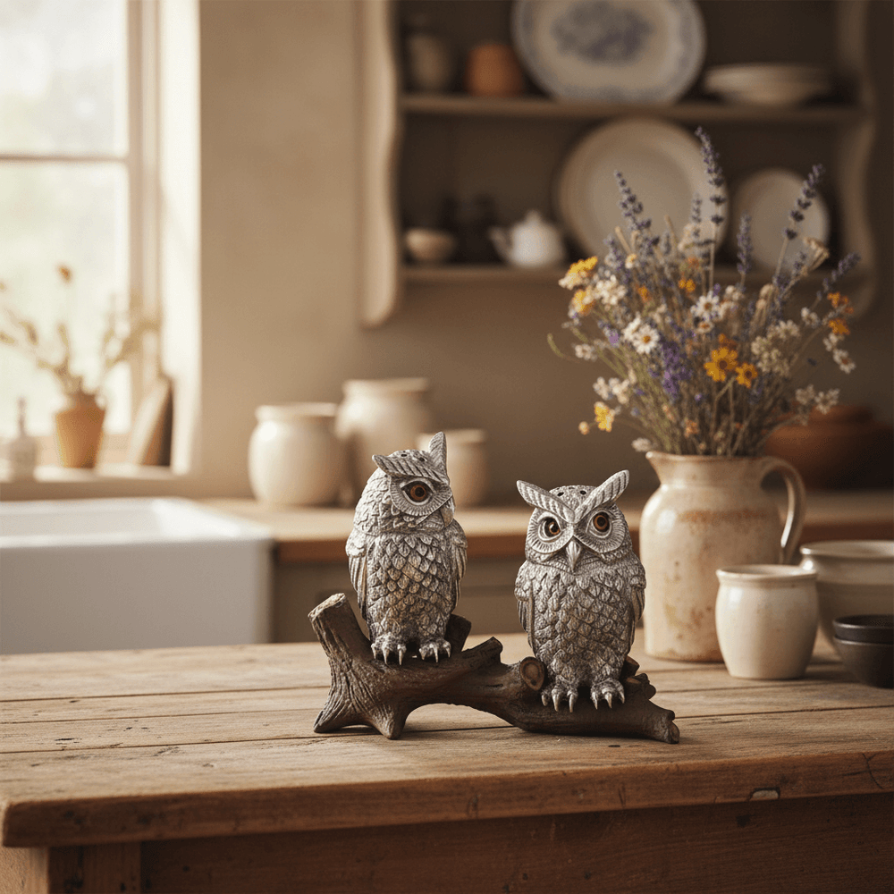 Vintage-Style Pewter Owl Salt and Pepper Shakers sitting on a log placed on a kitchen table