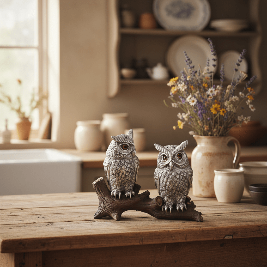 Vintage-Style Pewter Owl Salt and Pepper Shakers sitting on a log placed on a kitchen table