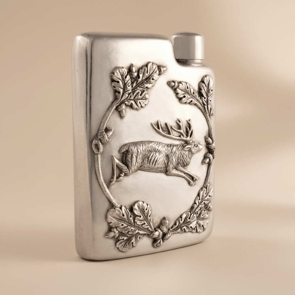 Vintage-Style Pewter Stag Flask on beige background