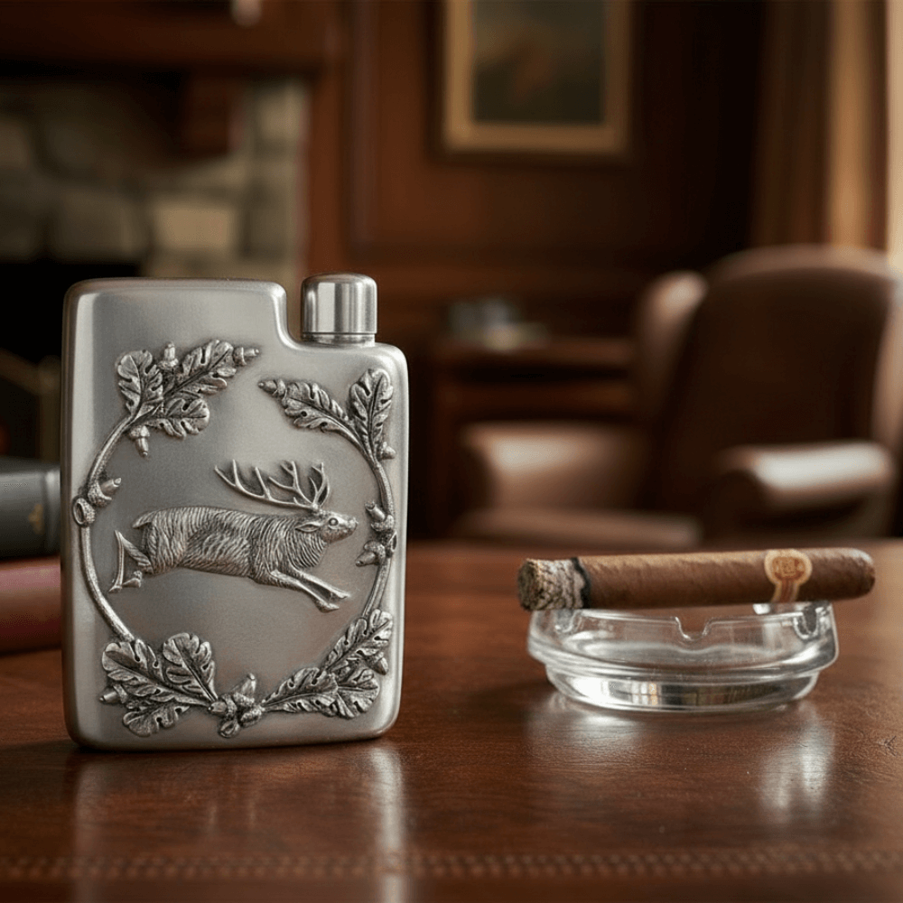 Vintage-Style Pewter Stag Flask on desk with a cigar on an ashtray in a study