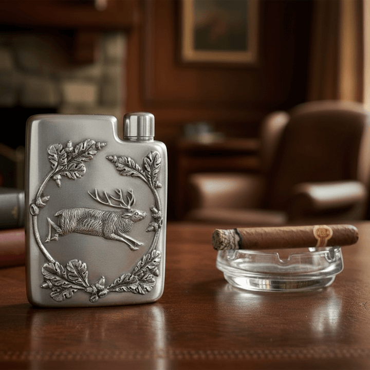 Vintage-Style Pewter Stag Flask on desk with a cigar on an ashtray in a study