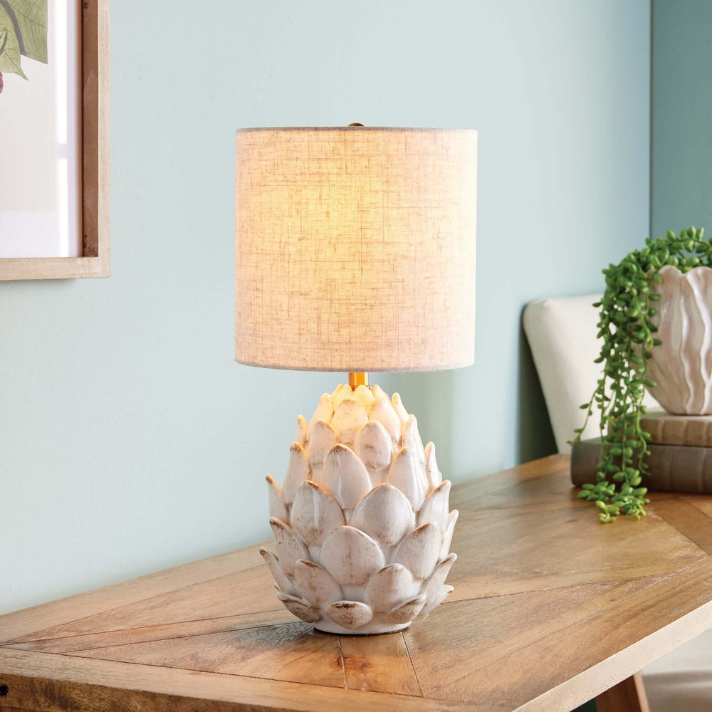 Vintage Artichoke Ceramic Table Lamp with Linen Shade on table in home