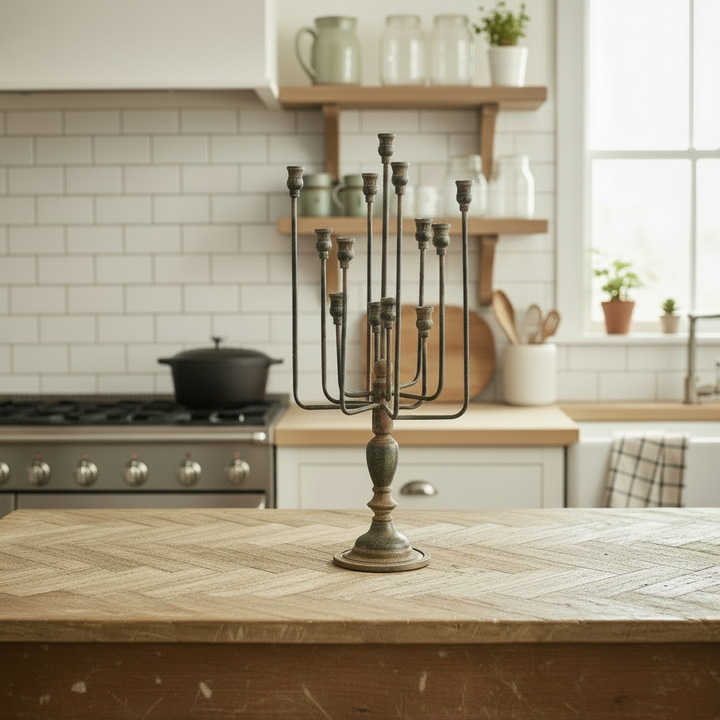 Vintage Candelabra in Distressed Black Iron