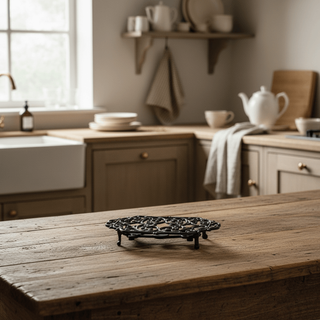 Kitchen with wooden table, shelves with kitchenware, and a window.