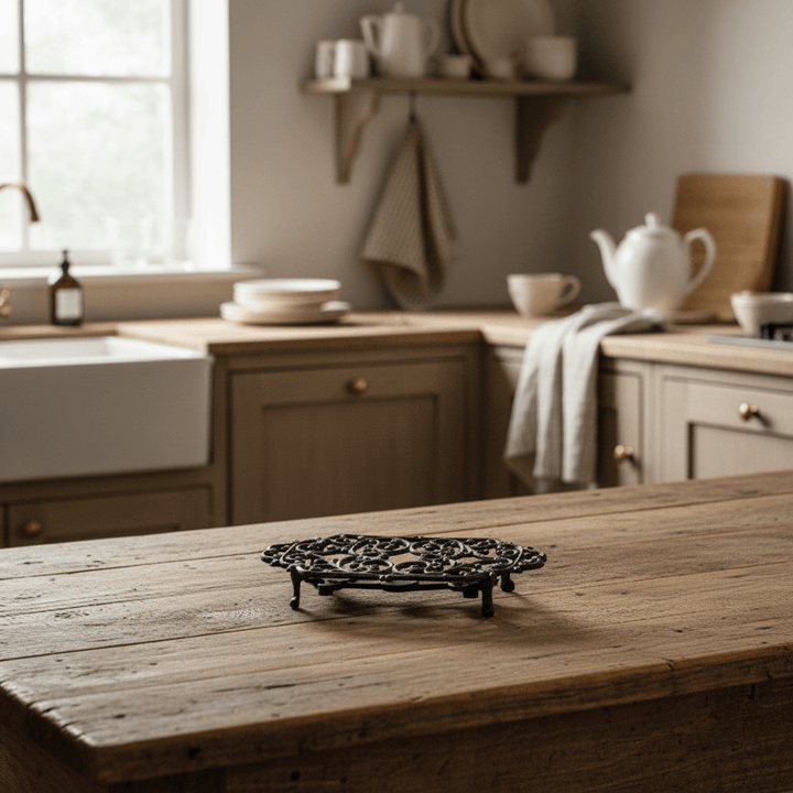 Kitchen with wooden table, shelves with kitchenware, and a window.
