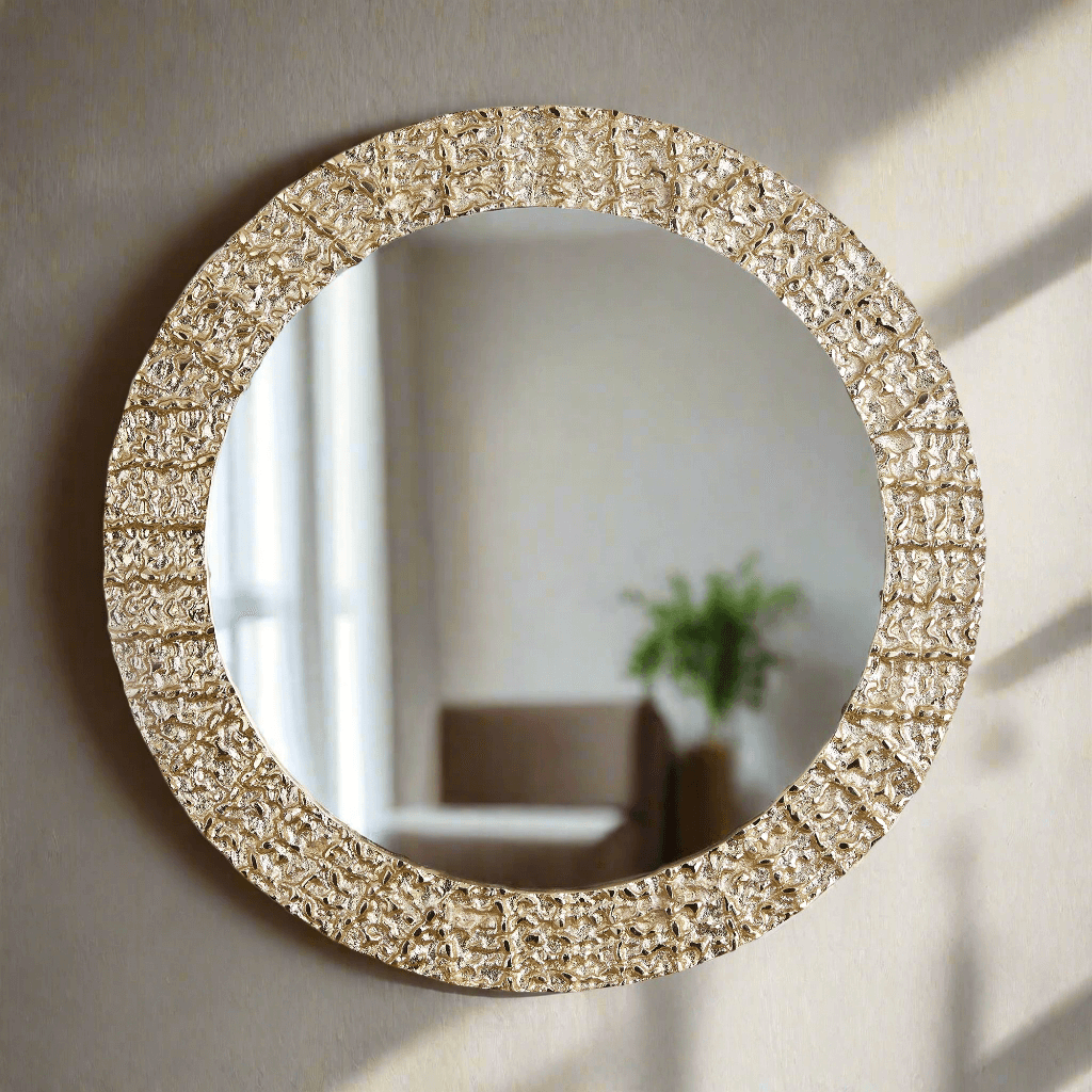 Vintage Champagne Round Wall Mirror with Textured Frame with reflection in the glass