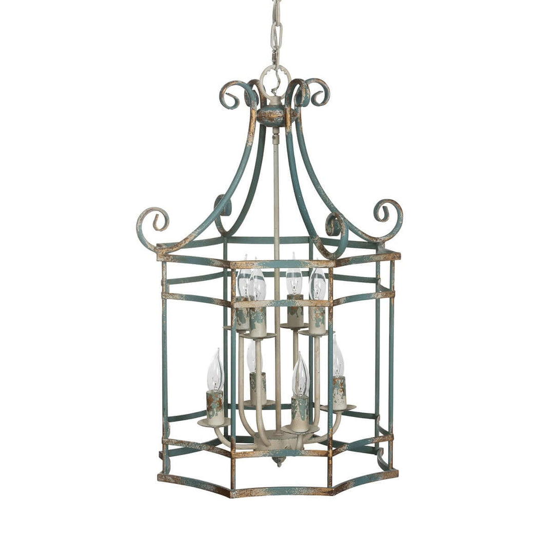 Decorative hanging lantern with intricate design on a white background