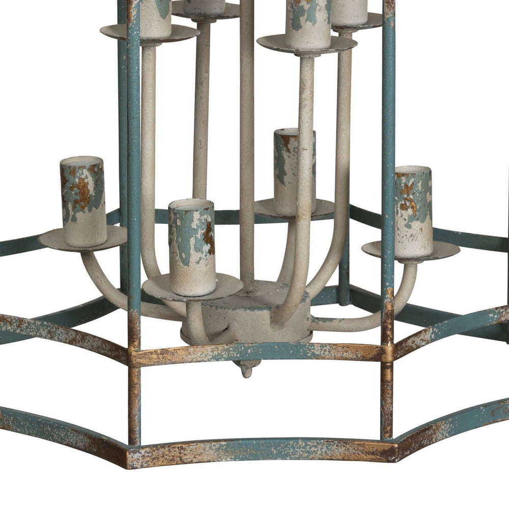 Vintage-style chandelier with distressed metal finish and light holders on a white background