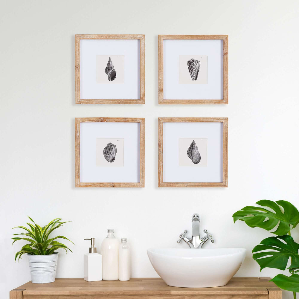 Vintage Coastal Seashell Wall Art Set hanging on a wall in a bathroom