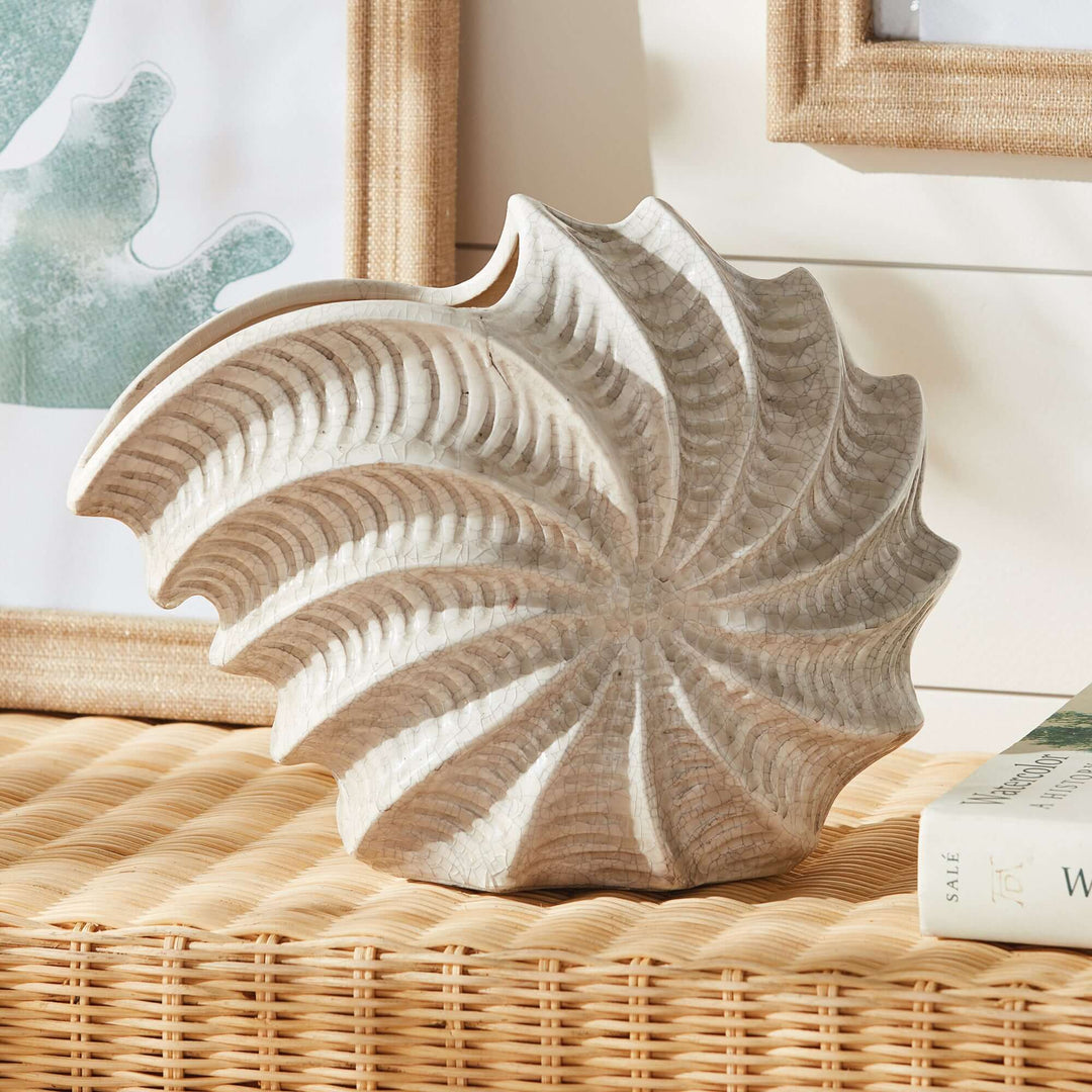 Vintage Coastal Shell Vase with Crackle Glaze