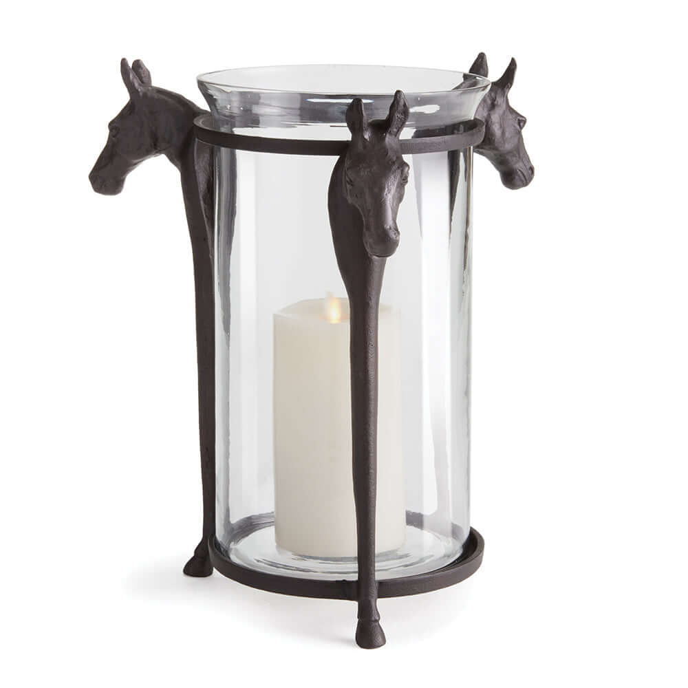 Vintage Equestrian Hurricane Candleholder with Horsehead Detail on white 