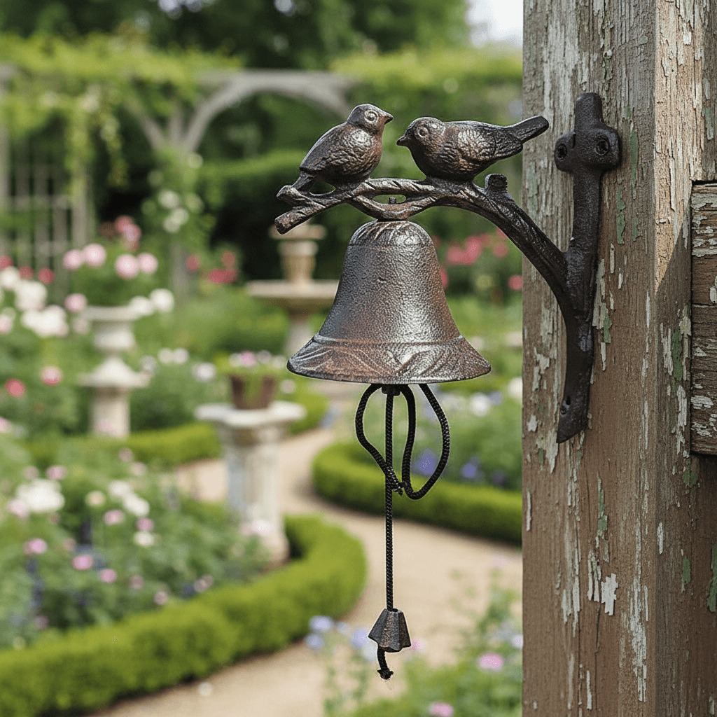 Decorative metal bell with birds on a garden background