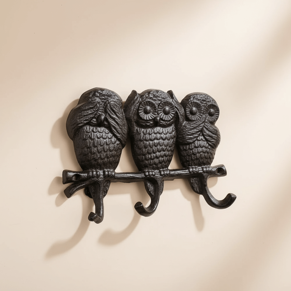 Decorative wall hook with three owl designs on a beige background