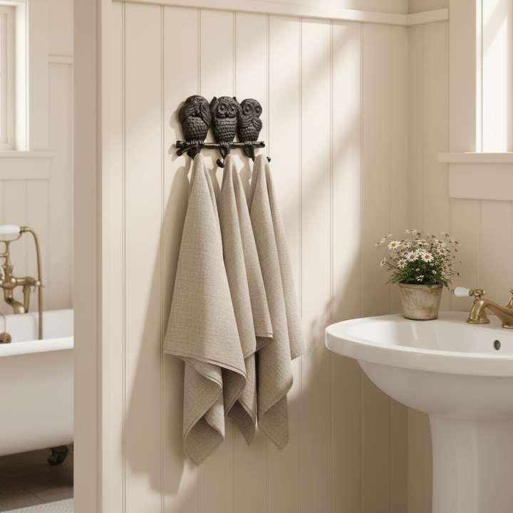 Bathroom with towels hanging on an owl wall rack, sink, and plant.
