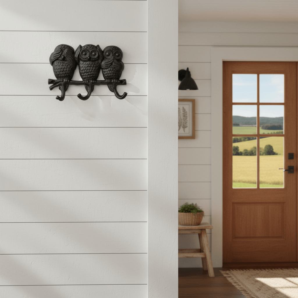 Decorative owl wall hook on a white wall with a wooden door in the background.