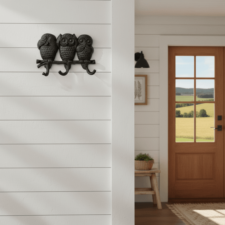 Decorative owl wall hook on a white wall with a wooden door in the background.