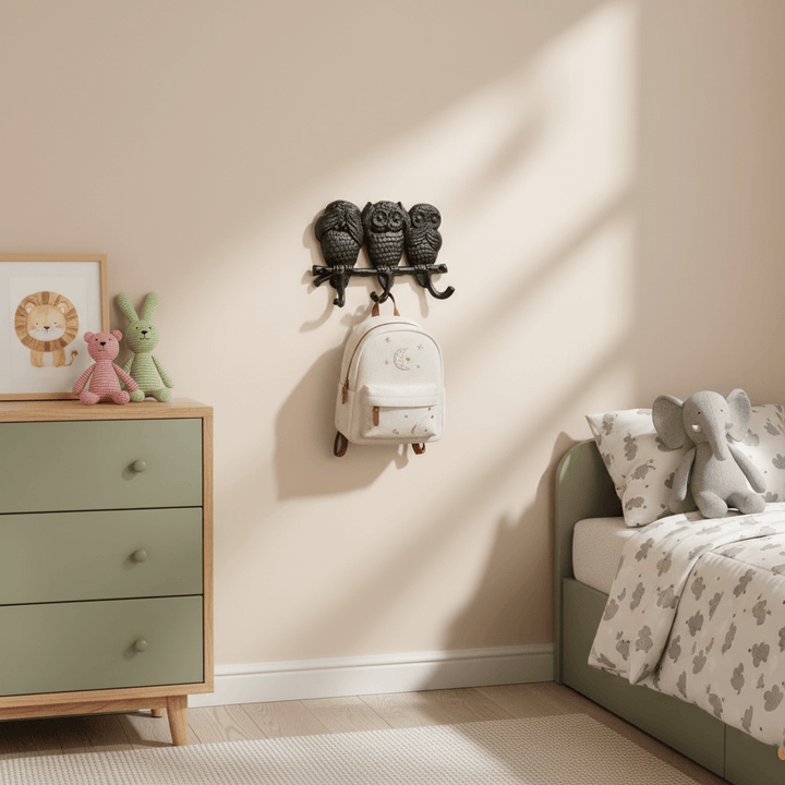 Children's bedroom with green dresser, backpack hanging on an owl wall rack, and bed with animal-themed bedding.