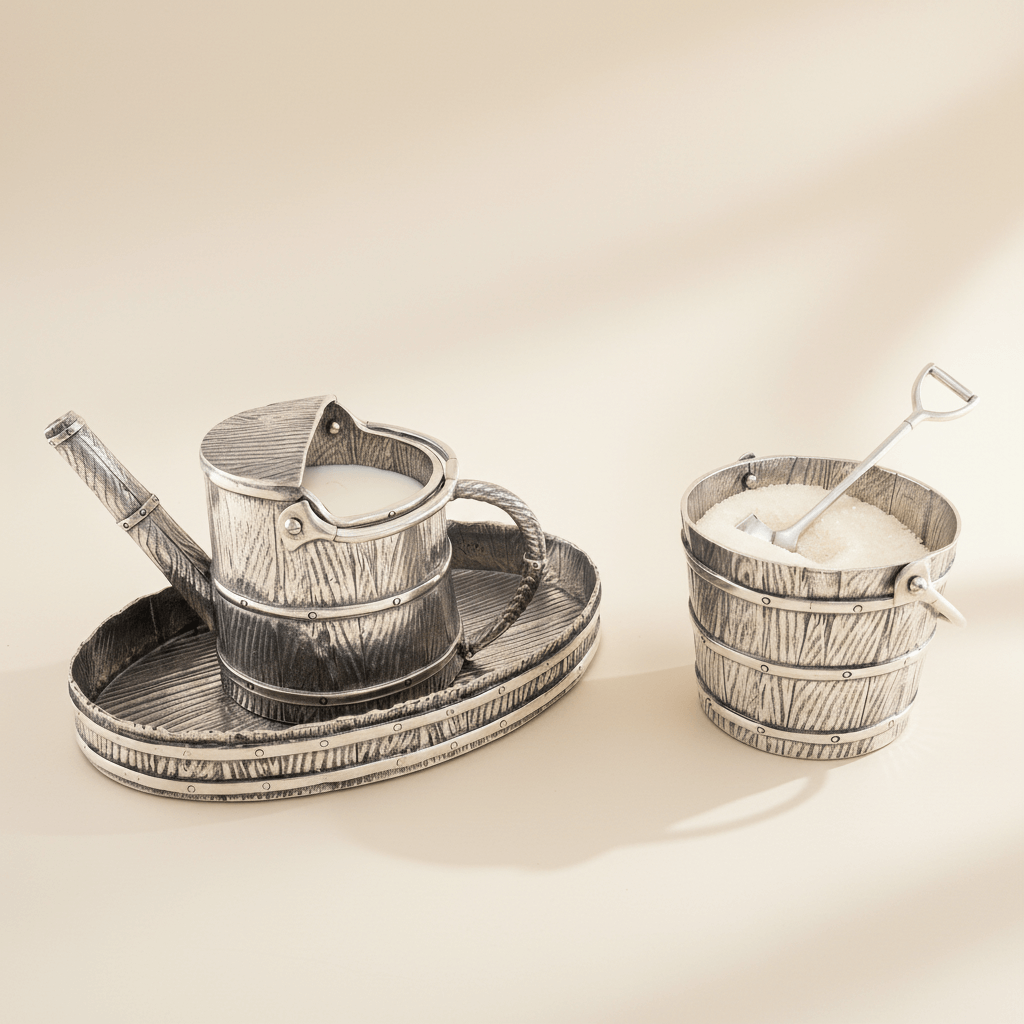 Decorative metal watering can, bucket, and tray set on a beige background
