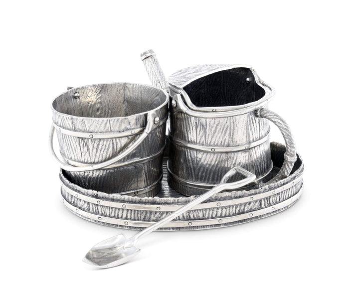 Set of metal bucket, watering can and tray on a white background