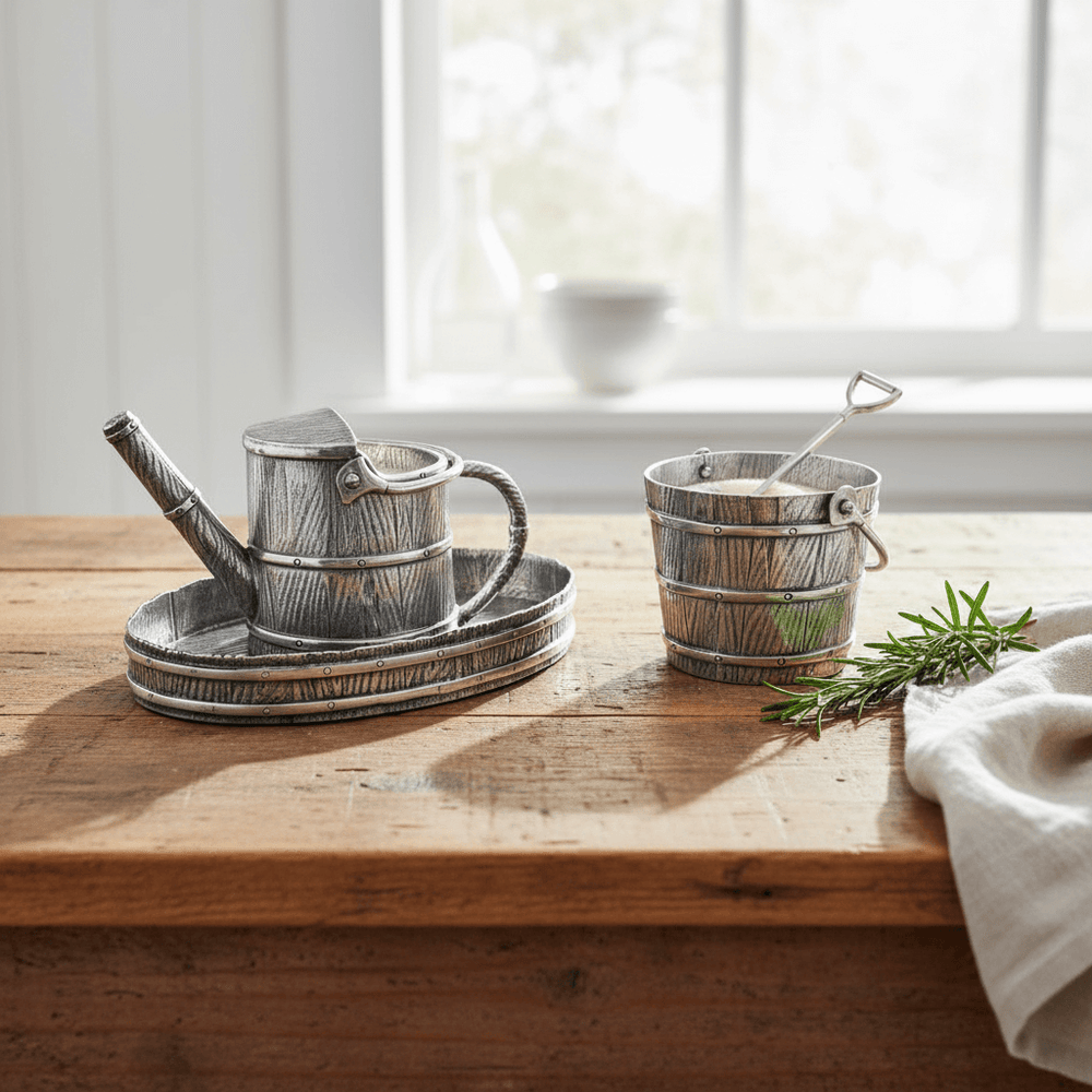 Decorative metal creamer set on a wooden table with a window in the background
