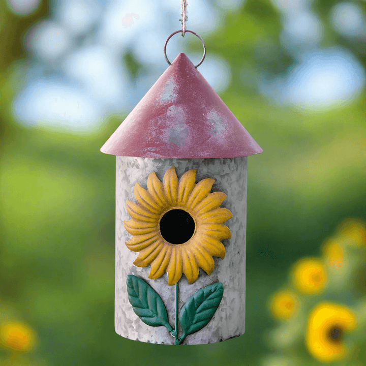 Vintage farmhouse sunflower birdhouse with cheerful sunflower design and rustic charm, perfect for garden decor.