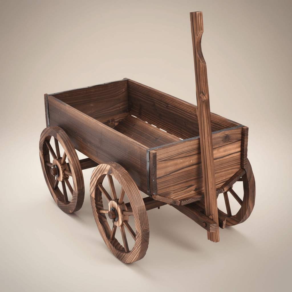 Vintage Farmhouse Wooden Wagon Planter with Wooden Wheels, handcrafted for garden and patio elegance.