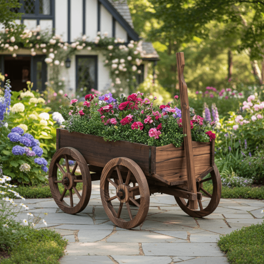 Vintage Farmhouse Wooden Wagon Planter with flowers in a garden setting