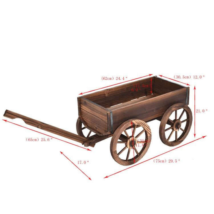 Vintage Farmhouse Wooden Wagon Planter with measurements for garden decor