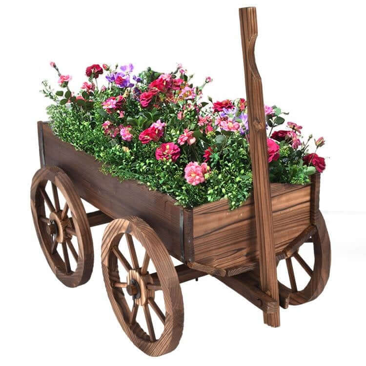 Vintage Farmhouse Wooden Wagon Planter with flowers, showcasing rustic garden decor with wooden wheels for elegant patio display.