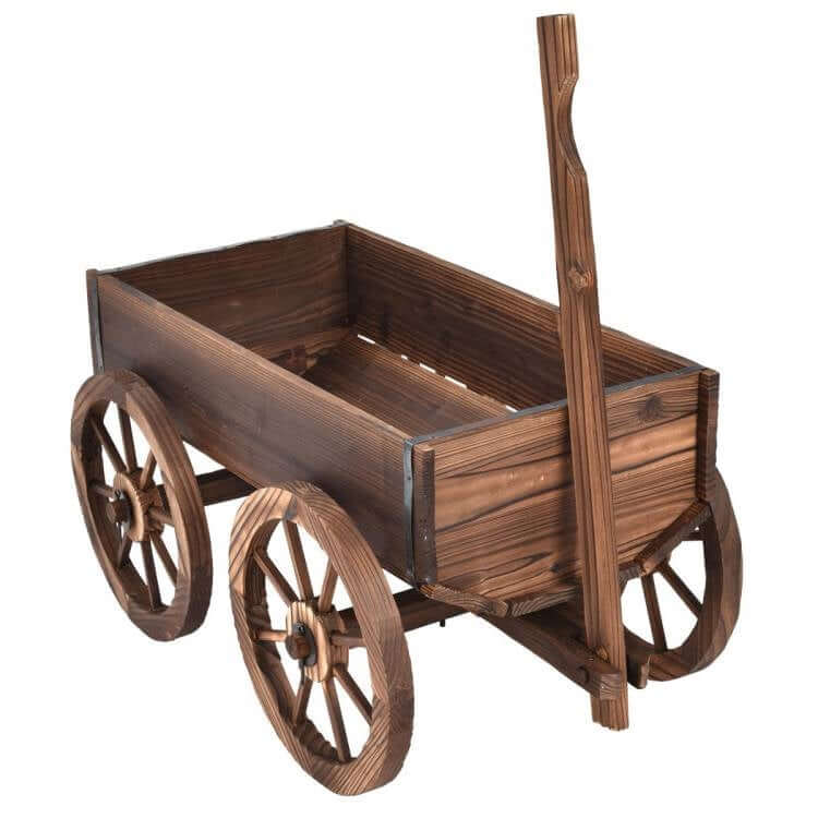 Vintage Farmhouse Wooden Wagon Planter with wooden wheels for garden and patio decor