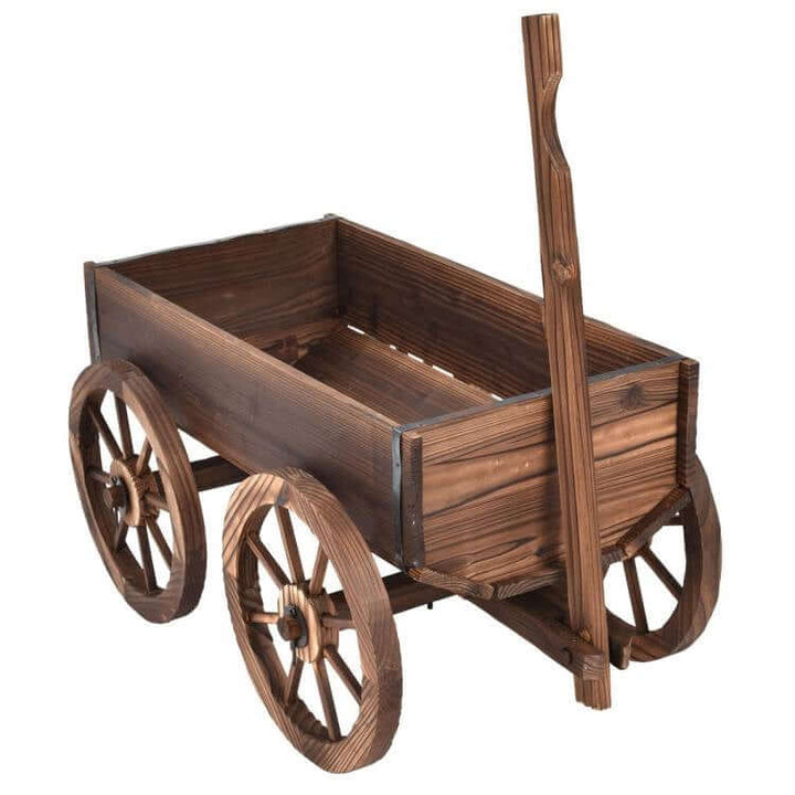 Vintage Farmhouse Wooden Wagon Planter with wooden wheels for garden and patio decor