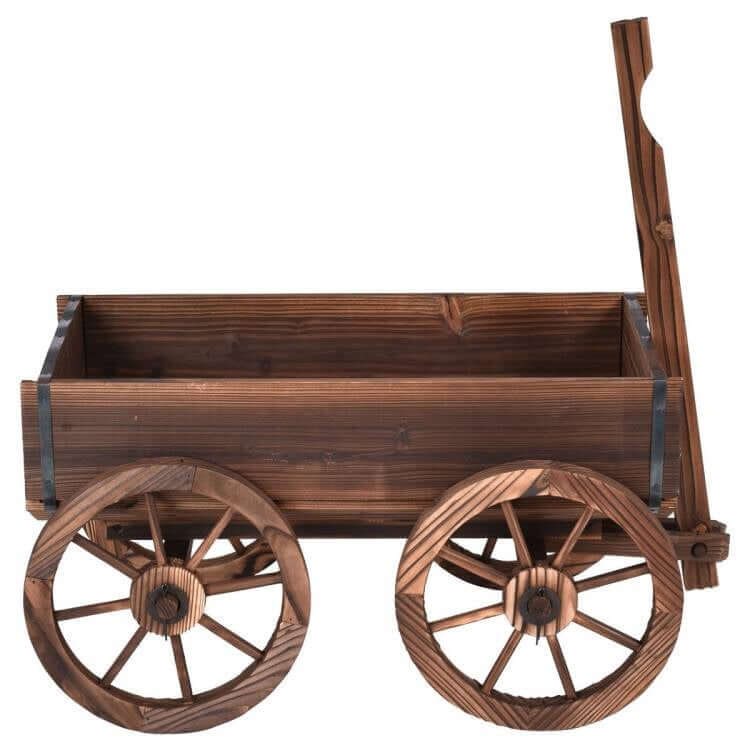 Vintage Farmhouse Wooden Wagon Planter with wooden wheels for garden decor.